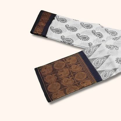 White & Black Printed Cotton Saree with Elephant Border