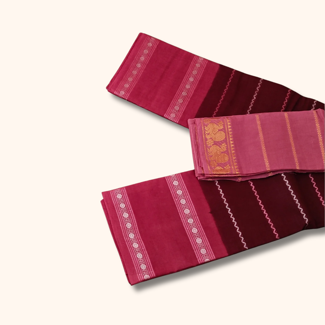 Maroon Sungudi Cotton Saree with Pink Peacock Border Blouse