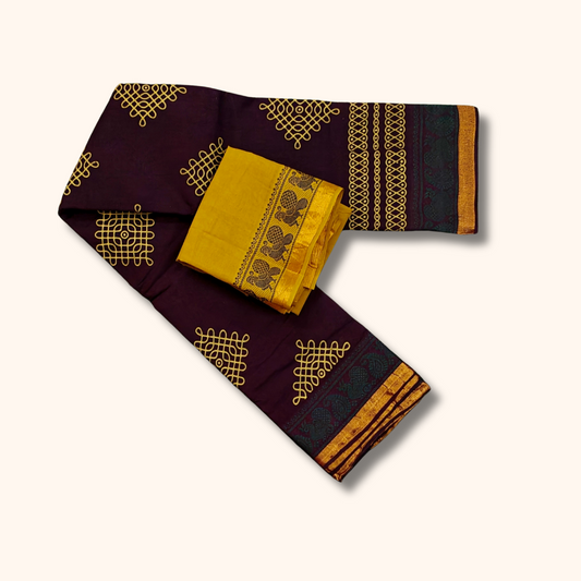 Dark Maroon Sungudi Cotton Saree with Mustard Traditional Kolam Design Saree