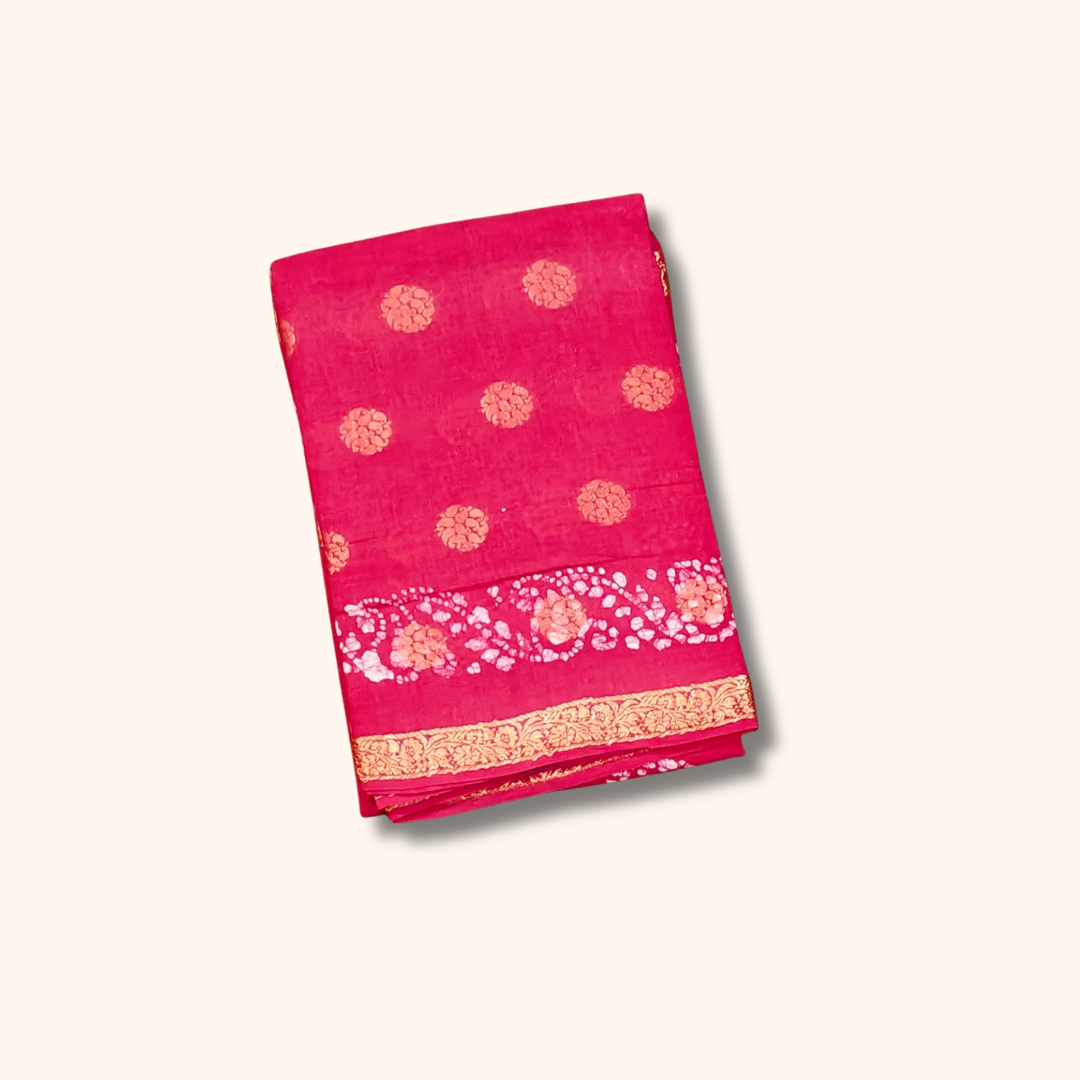 120s Count Vayal Cotton Saree in Rani Pink with Floral Butta Print