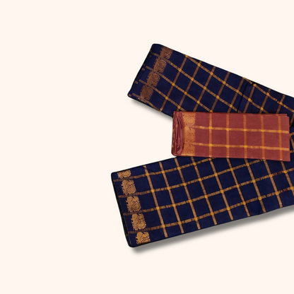 Navy Blue with Gold Checks & Peacock Border Pavithra Kattam Sungudi Cotton Saree