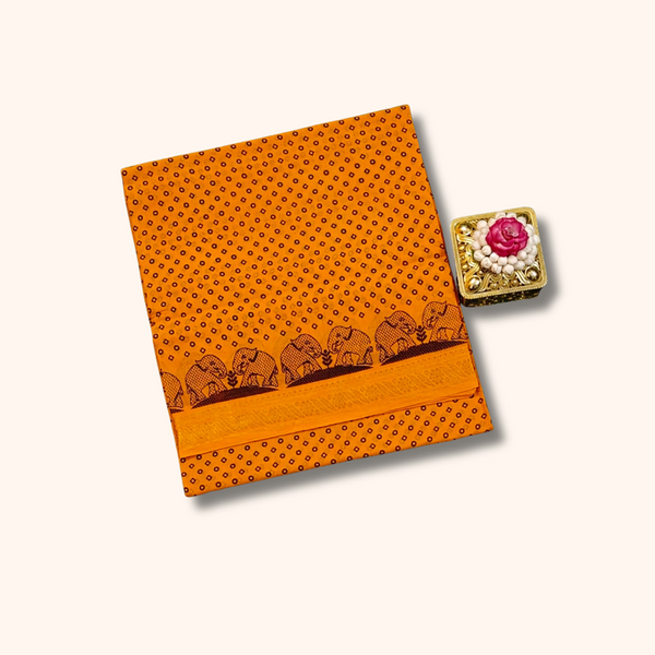 Orange Sungudi Cotton Saree with Elephant Border Design