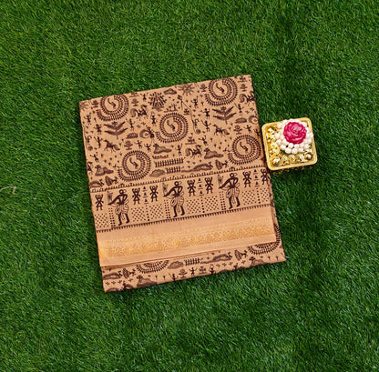 Beige & Brown Tribal Print Sungudi Cotton Saree with Warli Border