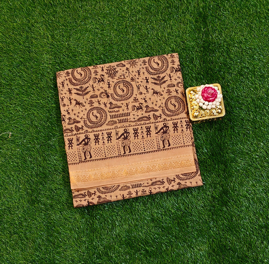 Beige & Brown Tribal Print Sungudi Cotton Saree with Warli Border