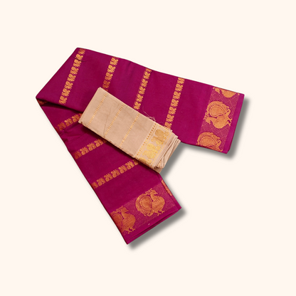 Magenta Pink Cotton Saree with Gold Zari Stripes & Peacock Border – Separate Blouse Piece