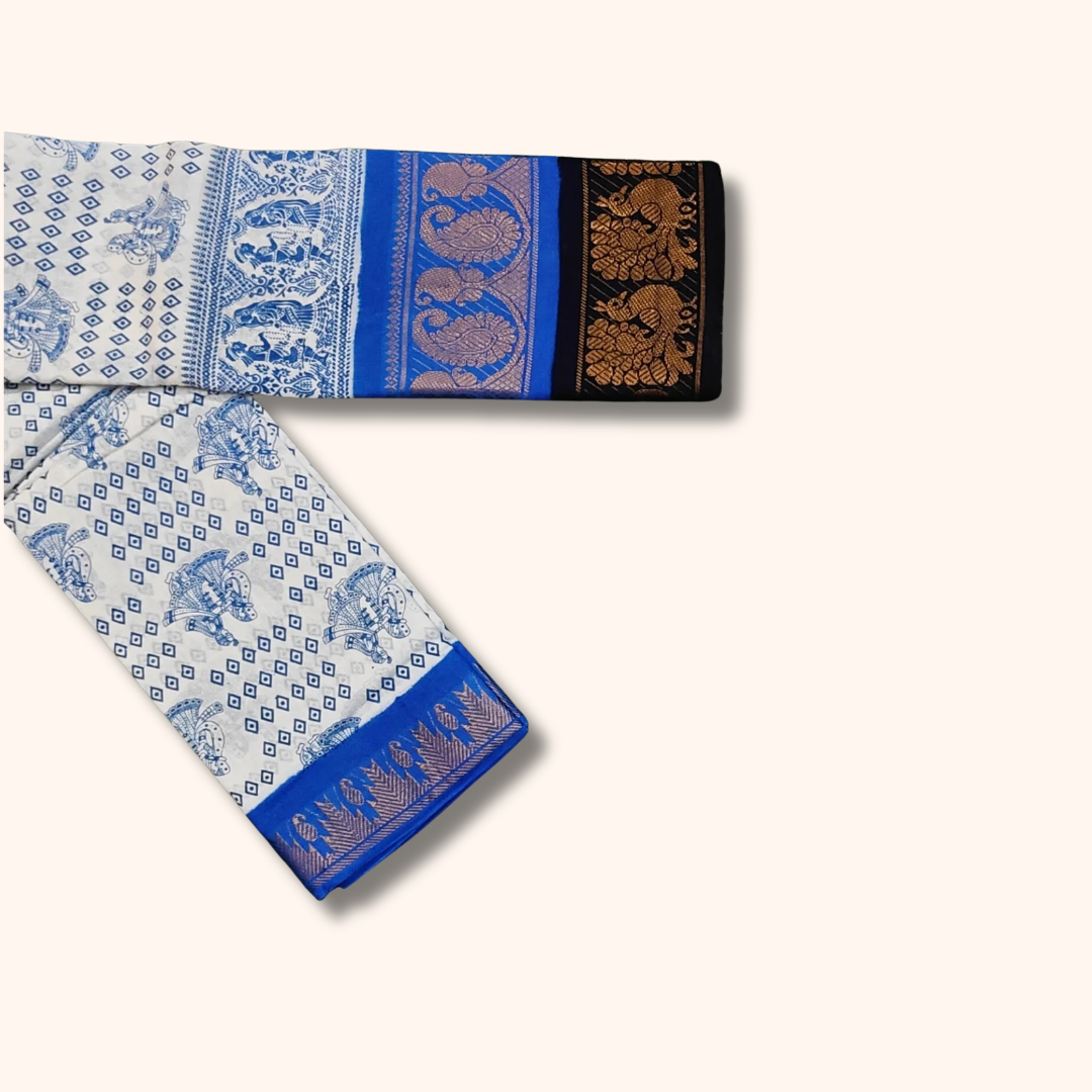 White & Royal Blue Printed Sungudi Cotton Saree with Traditional Zari Border