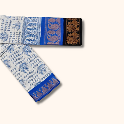 White & Royal Blue Printed Sungudi Cotton Saree with Traditional Zari Border