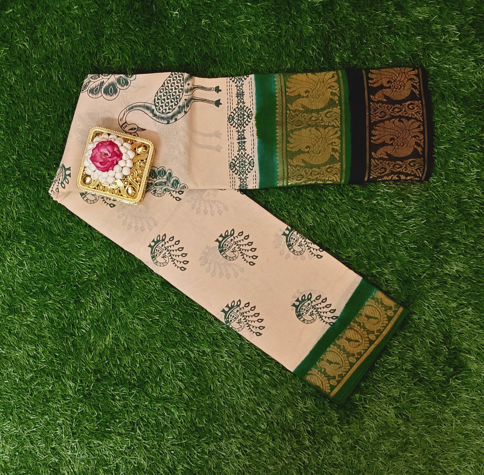 Beige Cotton Double Border Saree with Traditional Peacock Design