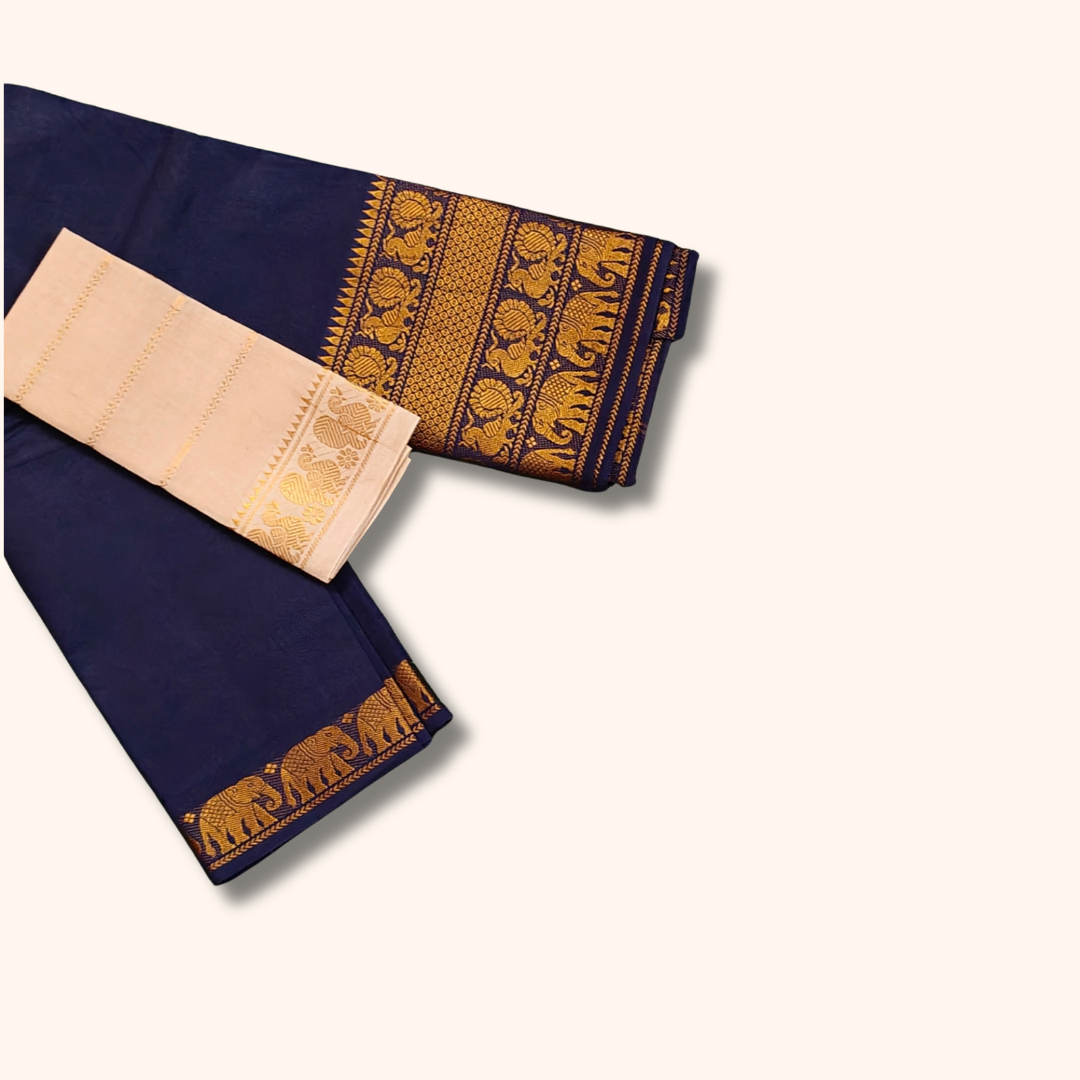 Navy Blue Pure Cotton Saree with Cream Contrast Blouse