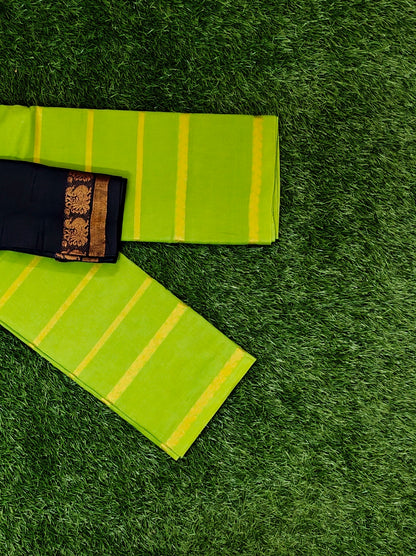 Parrot Green Sungudi Cotton Saree with Zari Lines & Navy Blue Contrast Blouse Piece