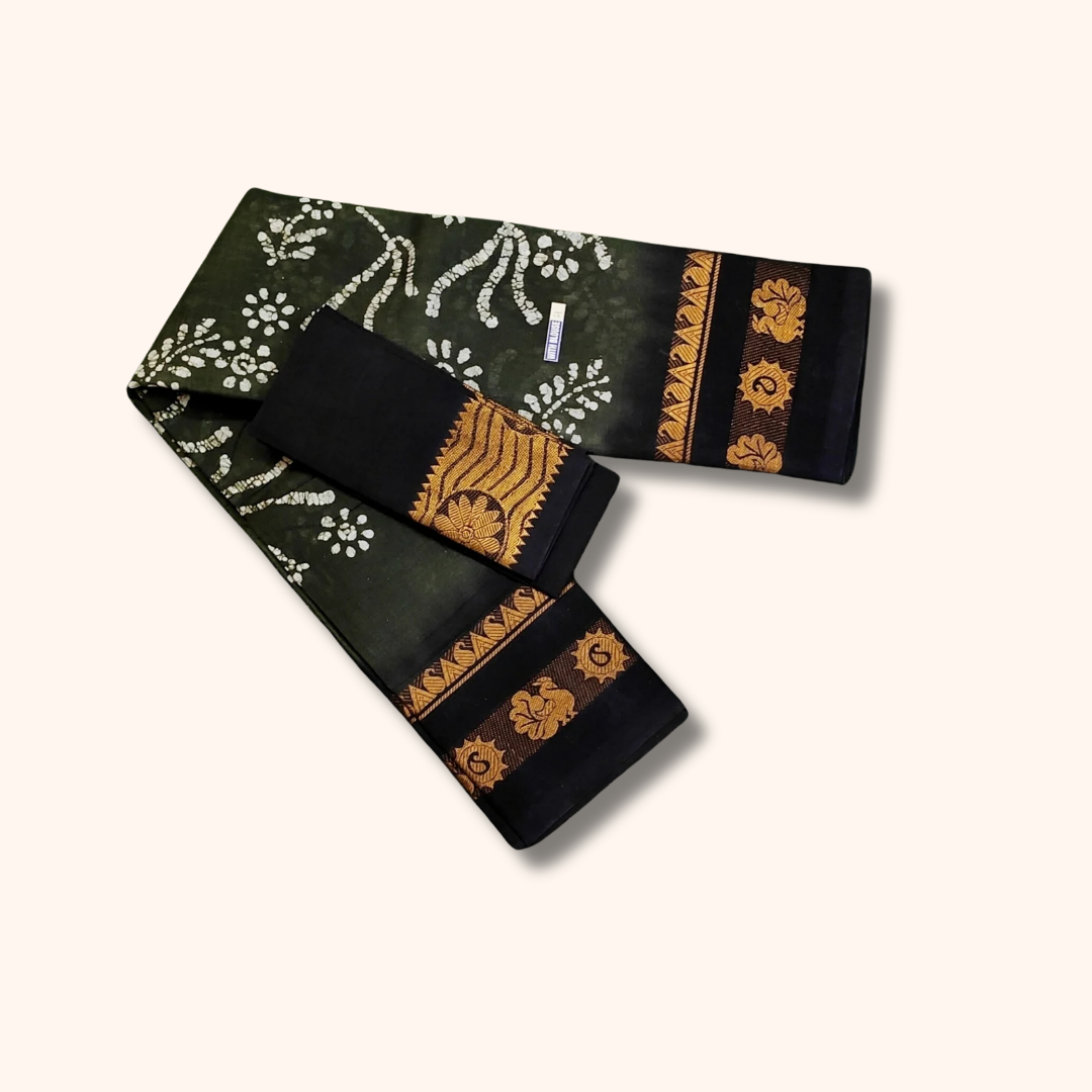 Black & Dark Green Printed Saree with White Floral Motifs - Separate Blouse