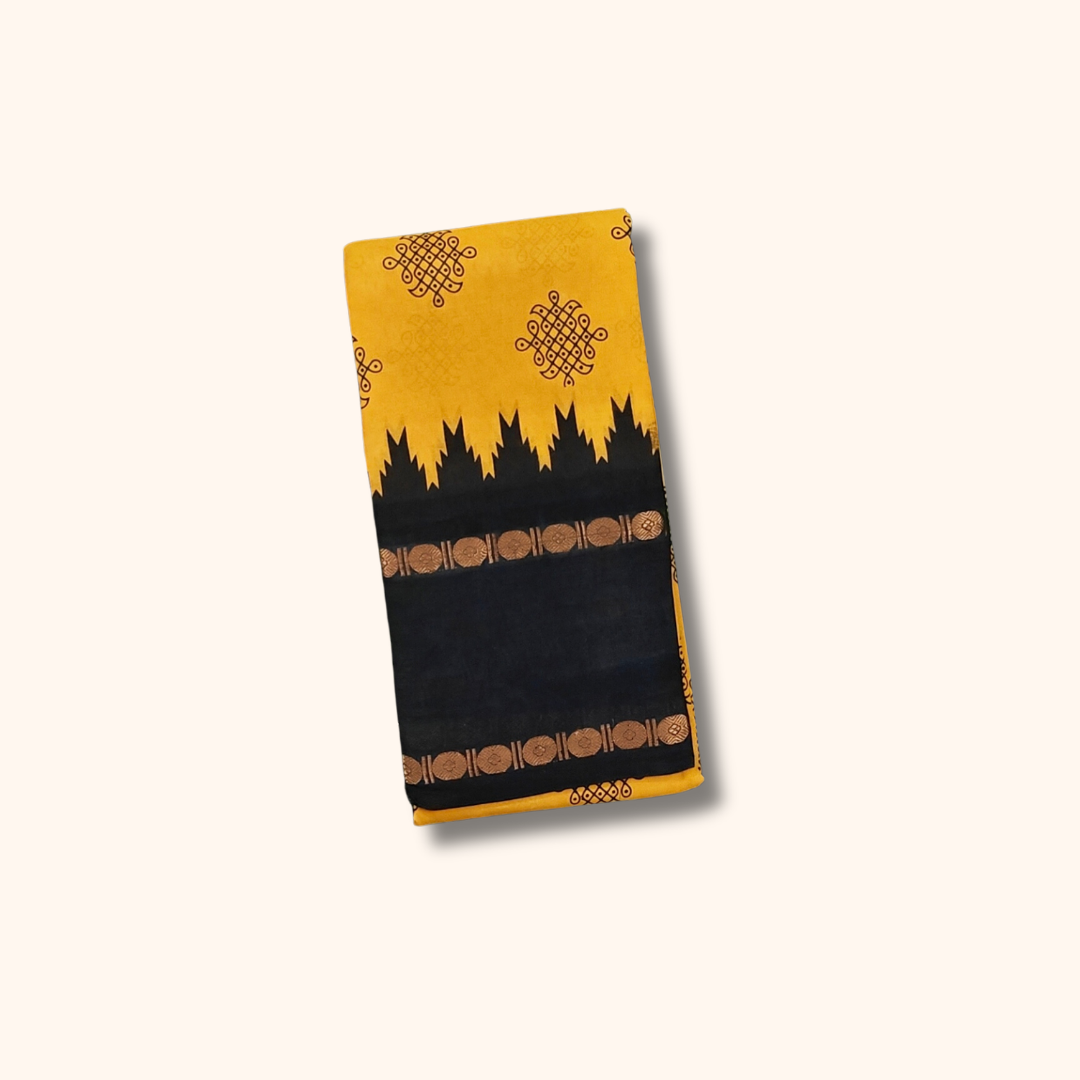 Mustard Yellow Kolam Cotton Saree with Black Temple Border