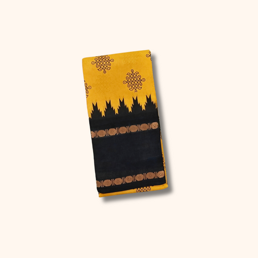 Mustard Yellow Kolam Cotton Saree with Black Temple Border