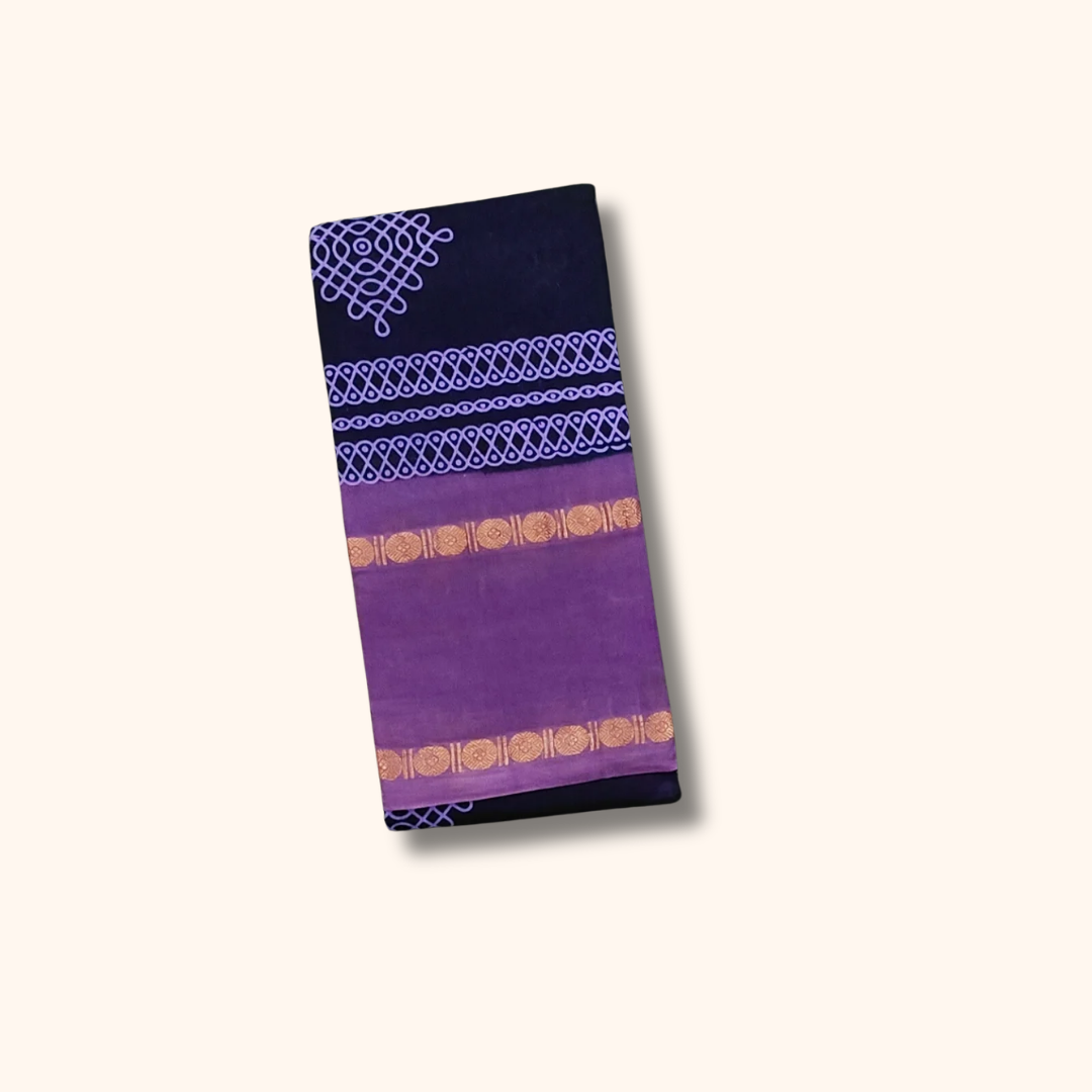 Navy Blue Sungudi Cotton Saree with Lavender Contrast Border