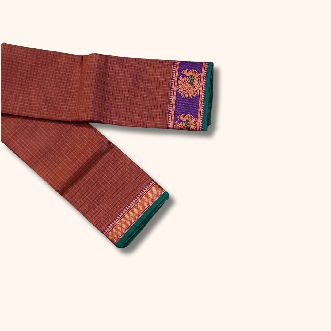 Brown Checked Cotton Saree with Purple & Green Zari Border