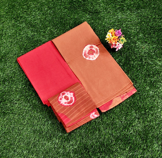 Elegant Rust Orange & Red Sungudi Cotton Chudidar Material Set with Tie-Dye Motifs