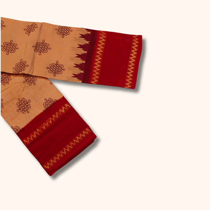 Peach Cotton Saree with Maroon Temple Border – Running Blouse