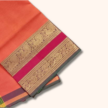 Peach Orange Chettinad Cotton Saree with Traditional Zari Border