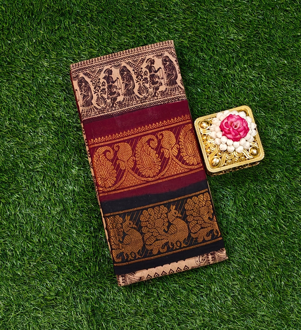 Beige Sungudi Cotton Saree with Traditional Double Border