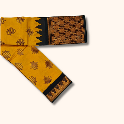 Mustard Yellow Kolam Print Cotton Saree with Black Geometric Border