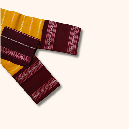 Mustard Yellow Cotton Saree with Maroon Contrast Blouse
