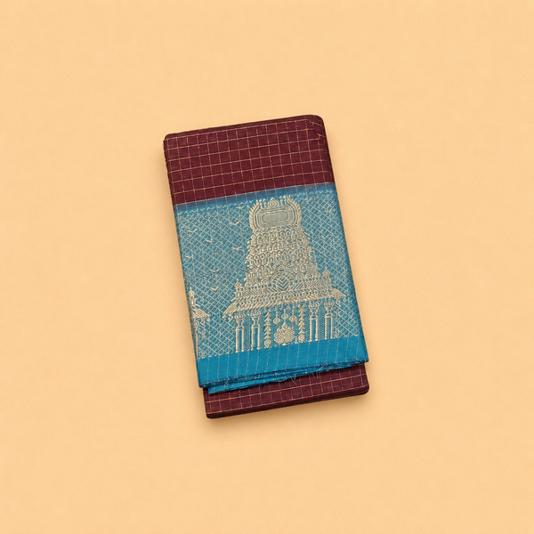 Maroon Temple Border Chettinad Cotton Saree with Sage Pallu