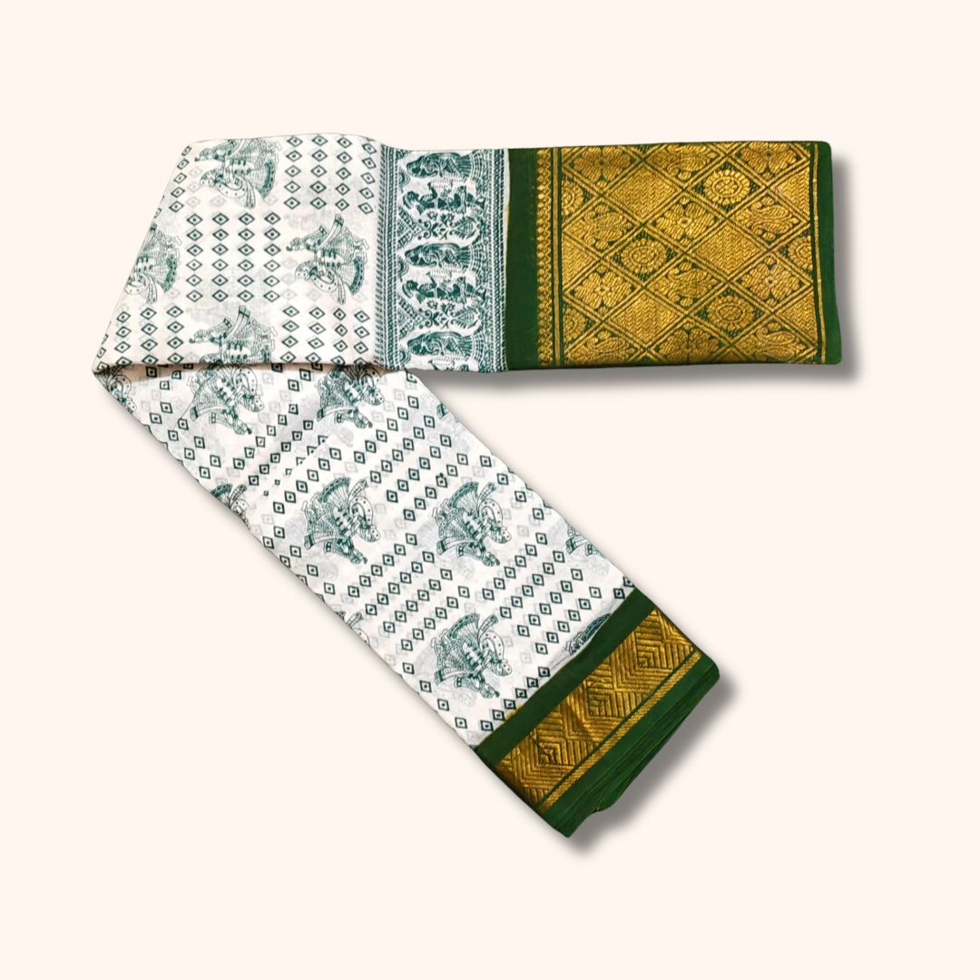 Classic White Cotton Saree with Ethnic Green Prints