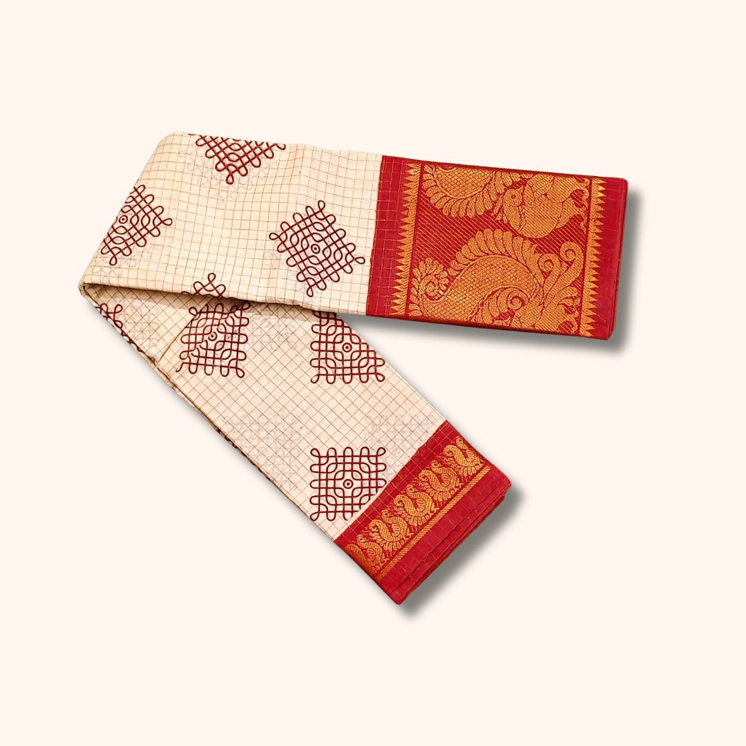 Off-White Checked Kolam Design Saree with rust orange & Golden Zari Border – No Blouse