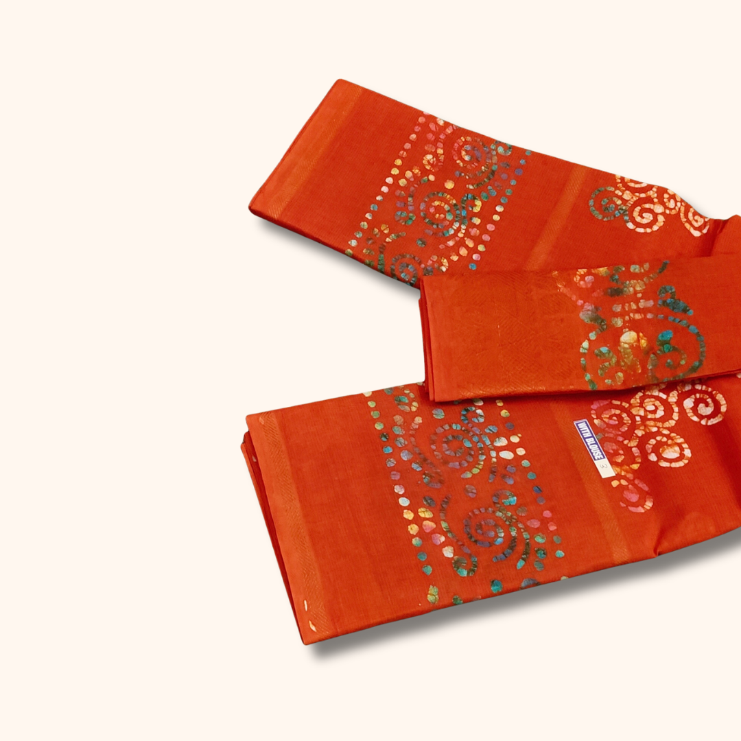 Vibrant Orange Batik Cotton Saree with Separate Blouse Piece