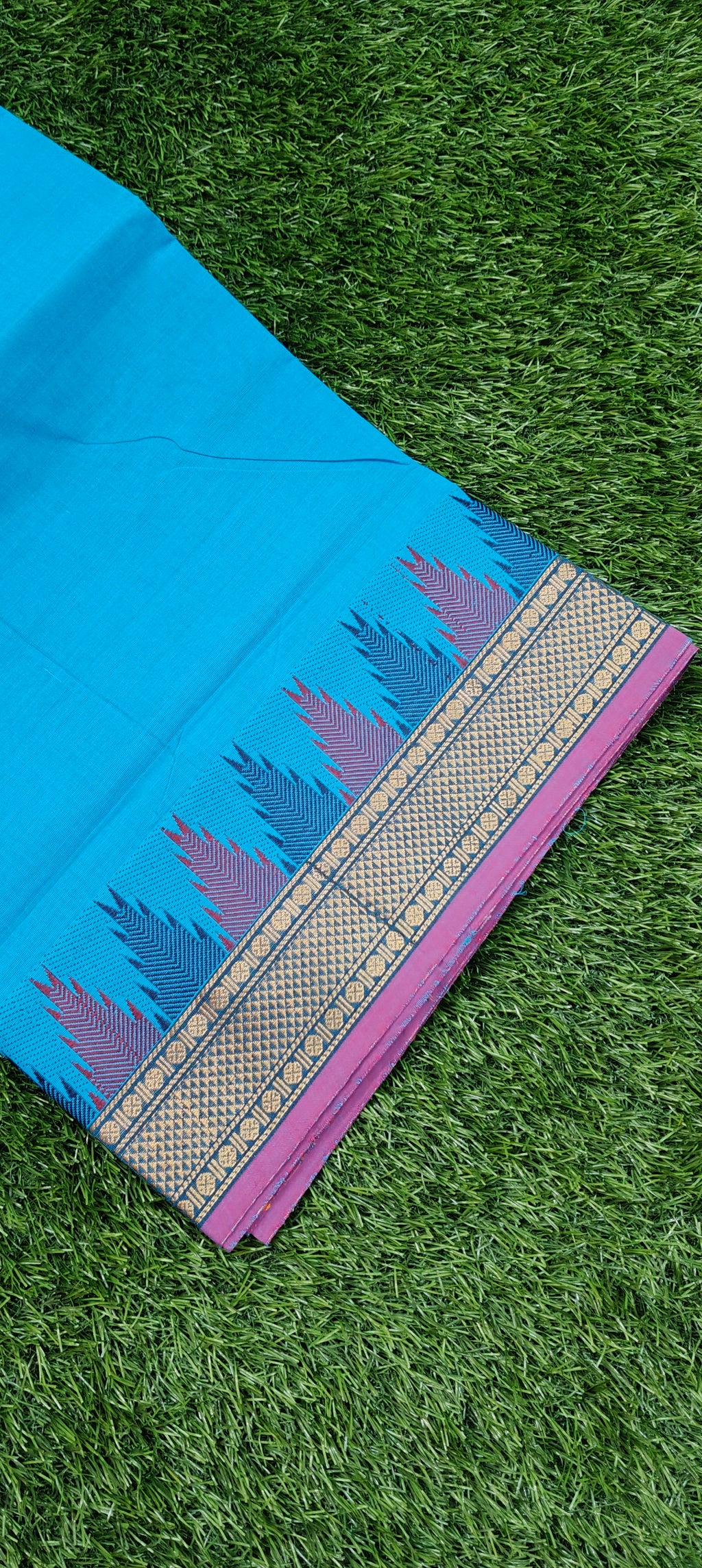 Bright Blue Chettinad Cotton Saree with Contrast Temple Border