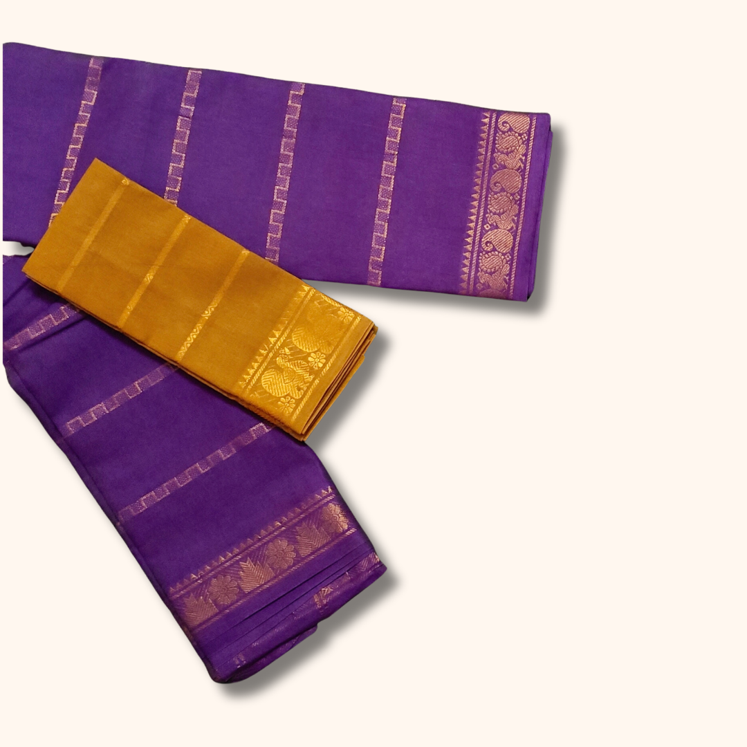Royal Purple Sungudi Cotton Saree with Gold Woven Stripes & Contrast Mustard Blouse Piece