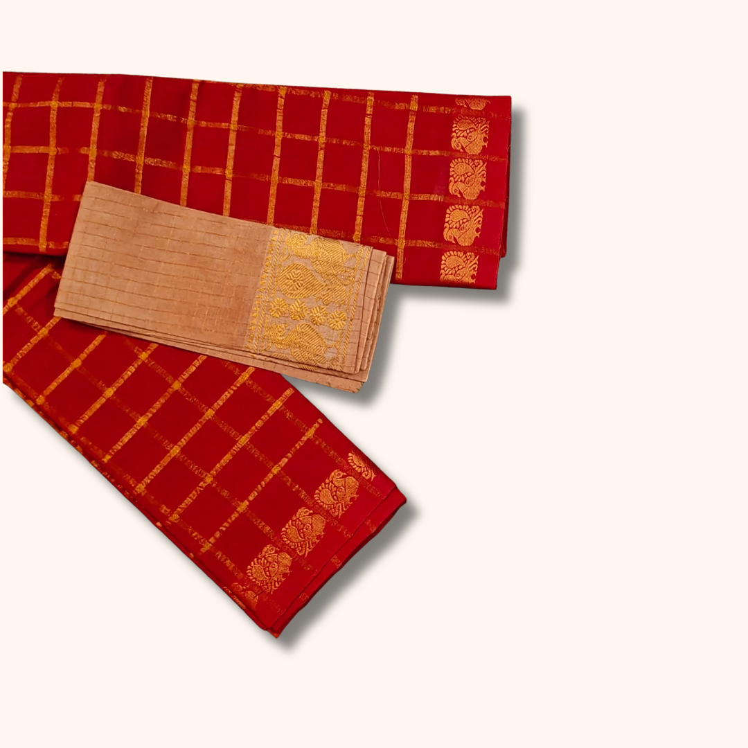 Ruby Red Chettinad Cotton Saree with Beige Contrast Blouse