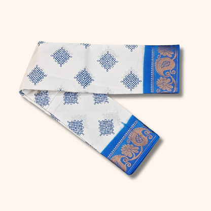 White Kolam Design Sungudi Cotton Saree with Royal Blue Border