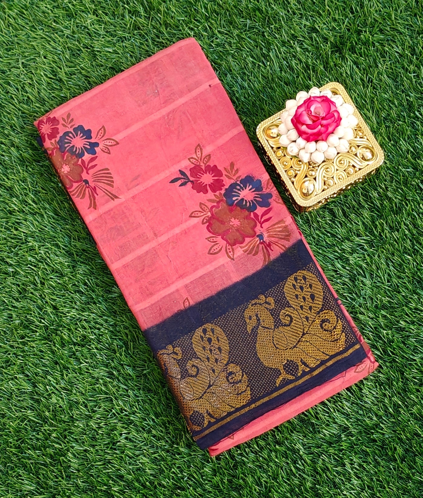 🌸 Elegant Pink Floral Cotton Saree with Rich Peacock Zari Border