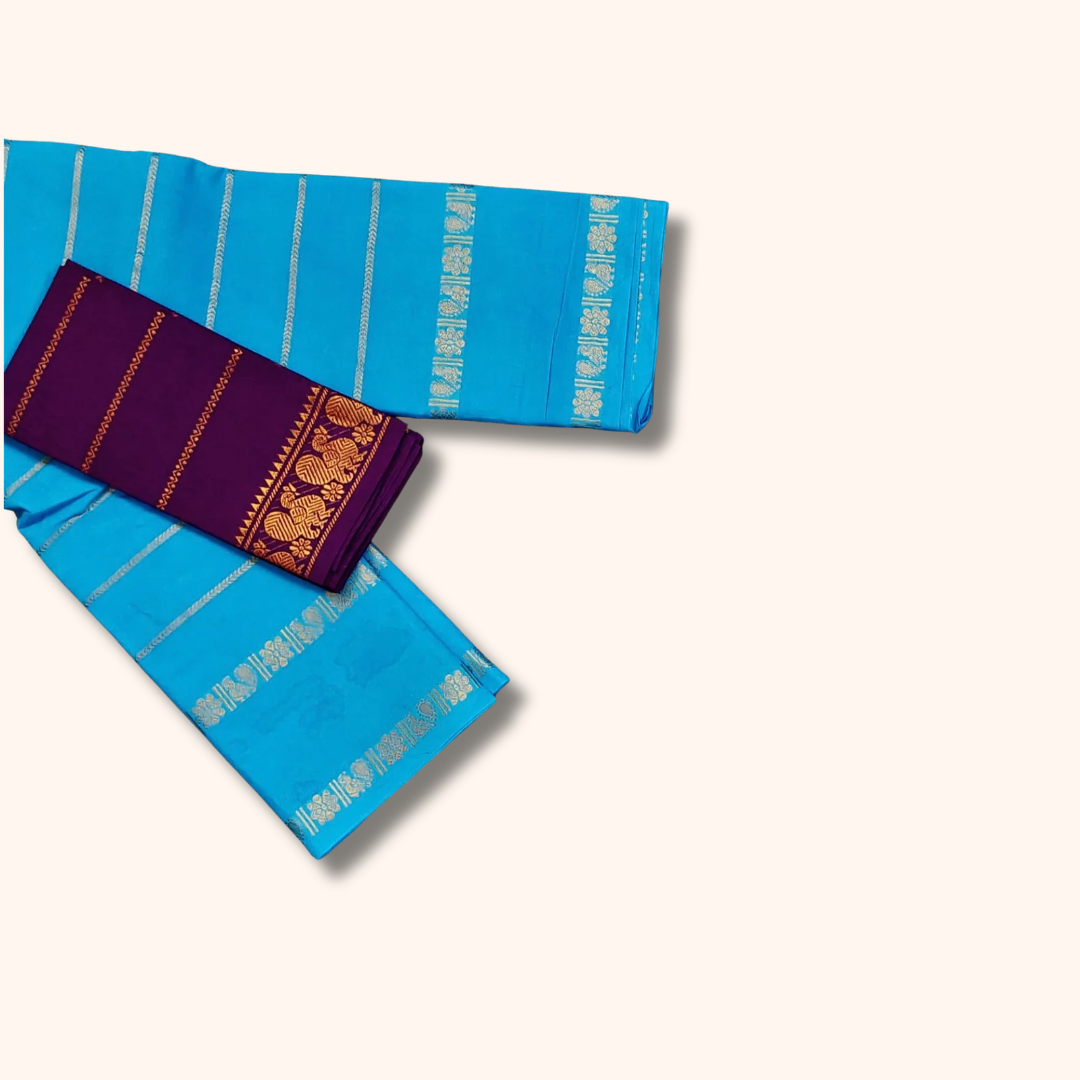 Sky Blue Cotton Saree with Gold Zari Stripes & Purple Blouse Piece