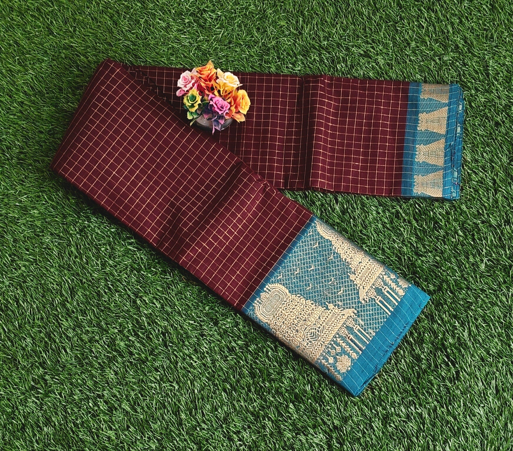 Chettinad Cotton Saree with Meenakshi Gopuram Border – Dark Chocolate Brown Checks with Teal Blue Border
