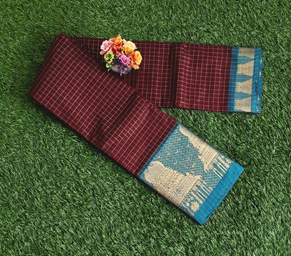 Chettinad Cotton Saree with Meenakshi Gopuram Border – Dark Chocolate Brown Checks with Teal Blue Border