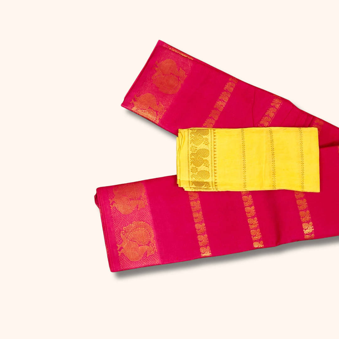 Bright Pink Cotton Saree with Gold Zari Stripes & Peacock Border – Separate Yellow Blouse Piece