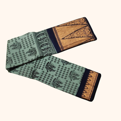 Sea Green Sungudi Cotton Saree with Traditional Motifs & Grand Temple Zari Border