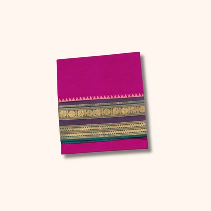 Magenta Pink Chettinad Cotton Saree with Traditional Gold Zari Border – Running Blouse