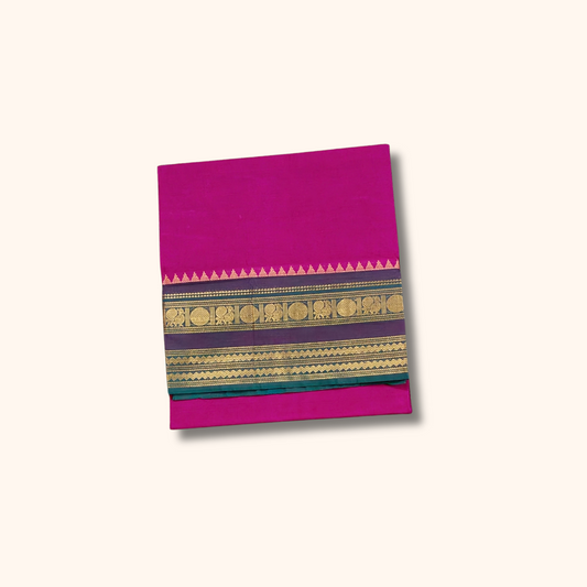 Magenta Pink Chettinad Cotton Saree with Traditional Gold Zari Border – Running Blouse