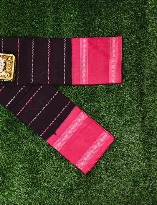 Dark Maroon Sungudi Cotton Saree with Silver Line Design & Pink Contrast Border