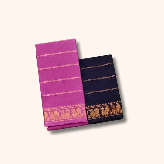 Magenta Cotton Saree with Navy Blue Contrast Blouse – Traditional Cotton Saree