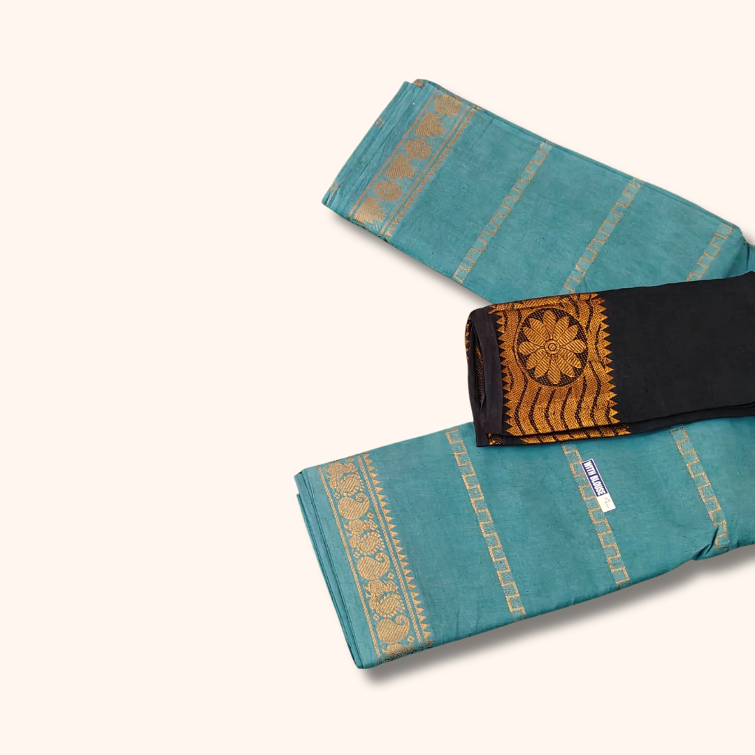 Sea Green Sungudi Cotton Saree with Black Contrast Blouse Piece