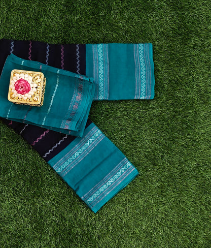 Black & Teal Sungudi Cotton Saree with Separate Blouse