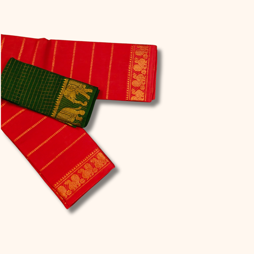 Red Sungudi Cotton Saree with Bottle Green Contrast Blouse & Elephant Zari Border