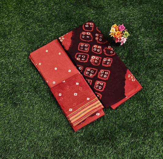 Elegant Rust Orange & Maroon Sungudi Cotton Chudidar Material Set with Bandhani Tie-Dye Prints