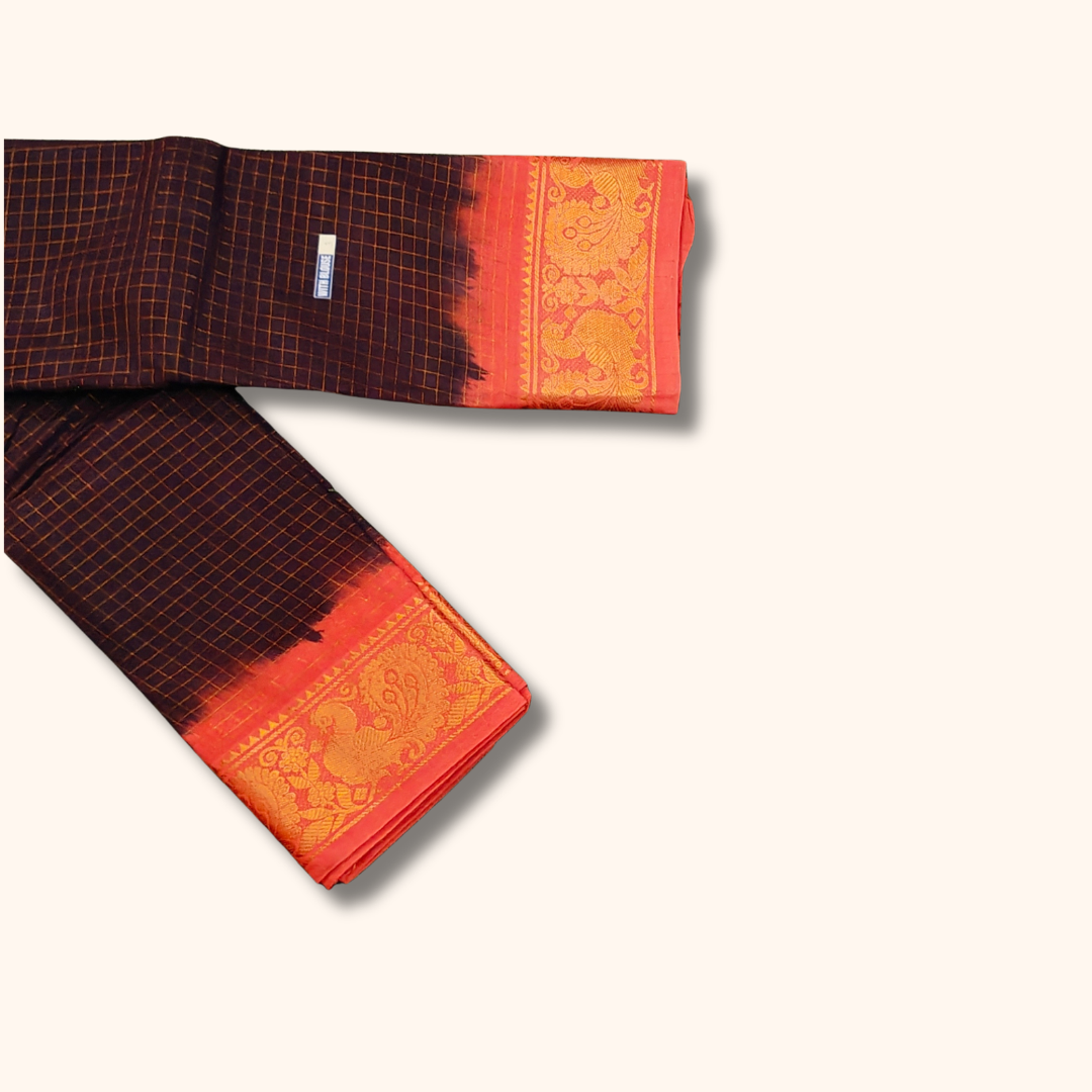 Dark Coffee Brown Sungudi Cotton Saree with Coral Orange Peacock Border
