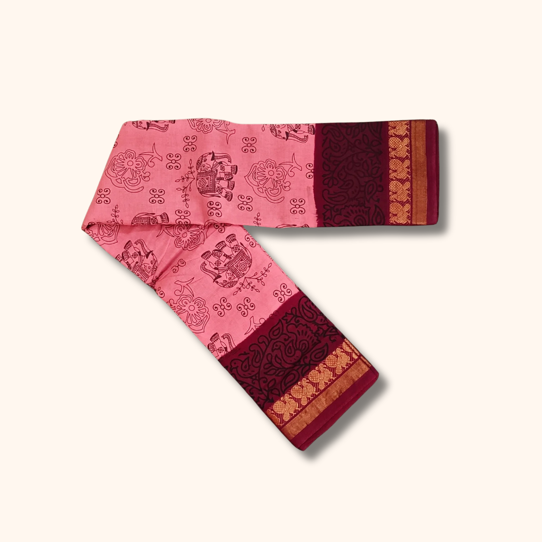 Classic Pink Printed Sungudi Cotton Saree with Floral Border