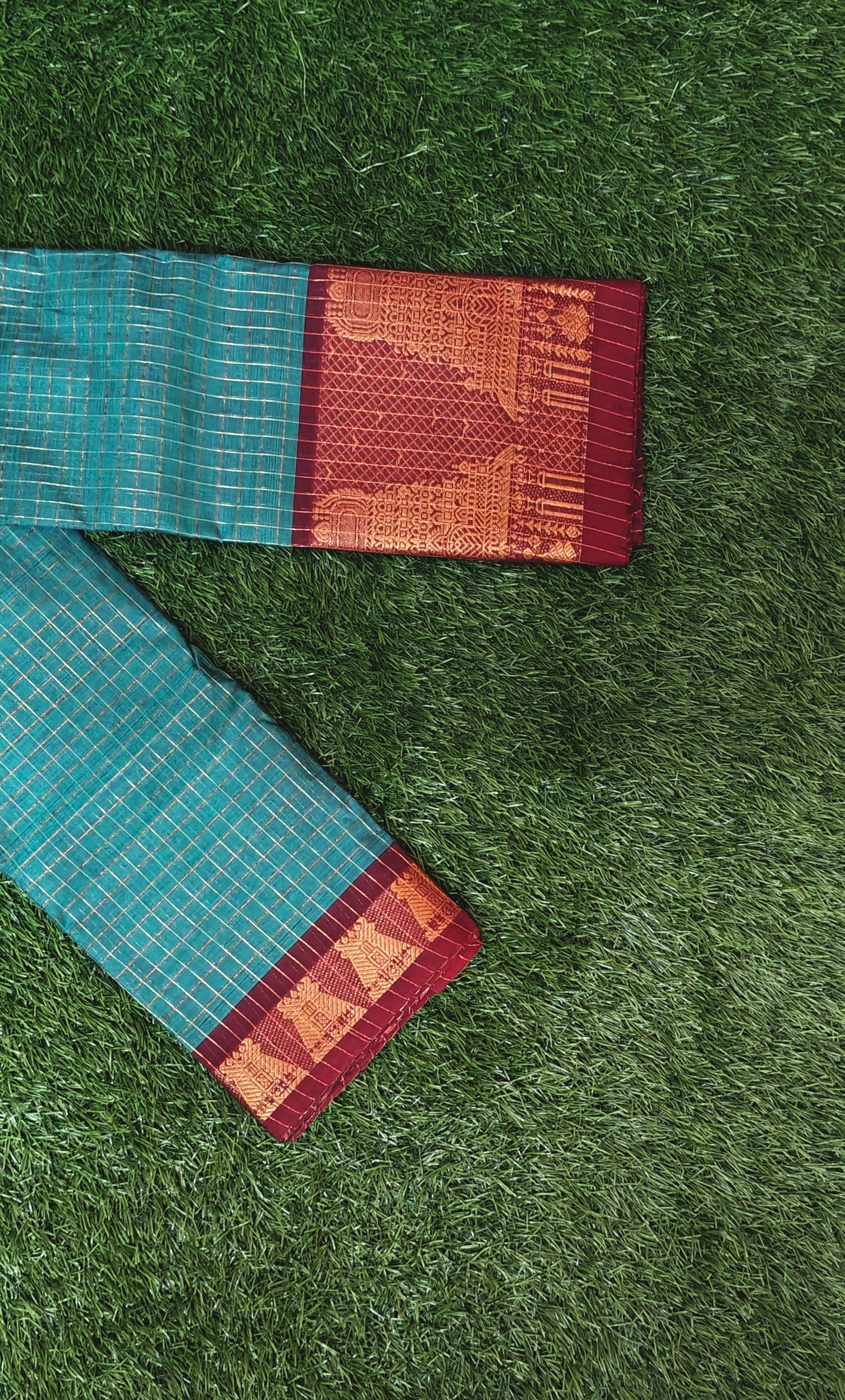 Teal Green Chettinad Cotton Saree with Meenakshi Gopuram Border